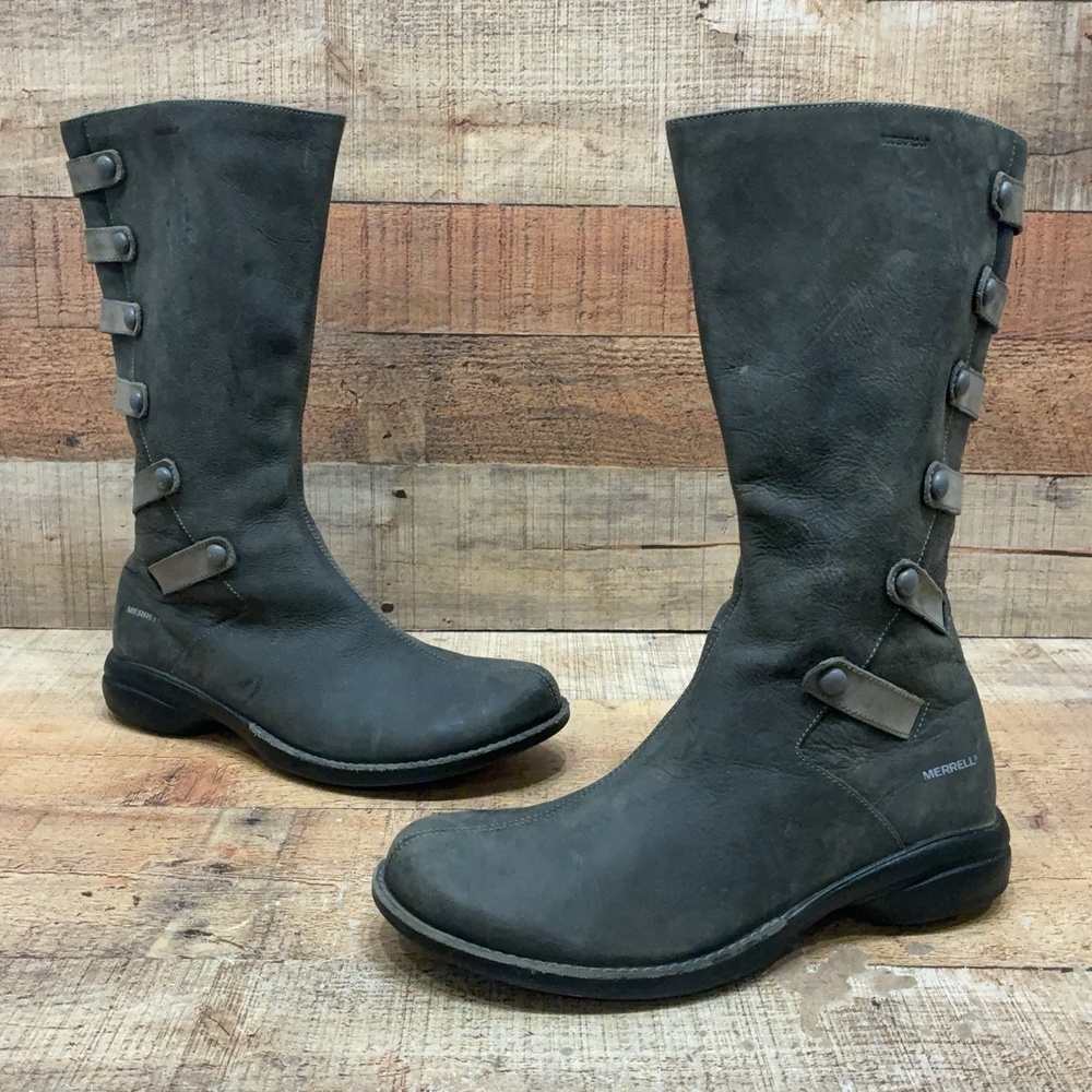 Merrell Drizzle Boots Womens Size 8.5 39 Gray Leather Mid Calf Riding Button Zip